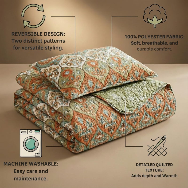 DaDa Bedding Bohemian Bedspread Set - Coral Floral Paisley Garden Party Reversible Coverlet - Bright Vibrant Multi-Colorful Blue Salmon Pink - King - 3-Pieces - Image 3